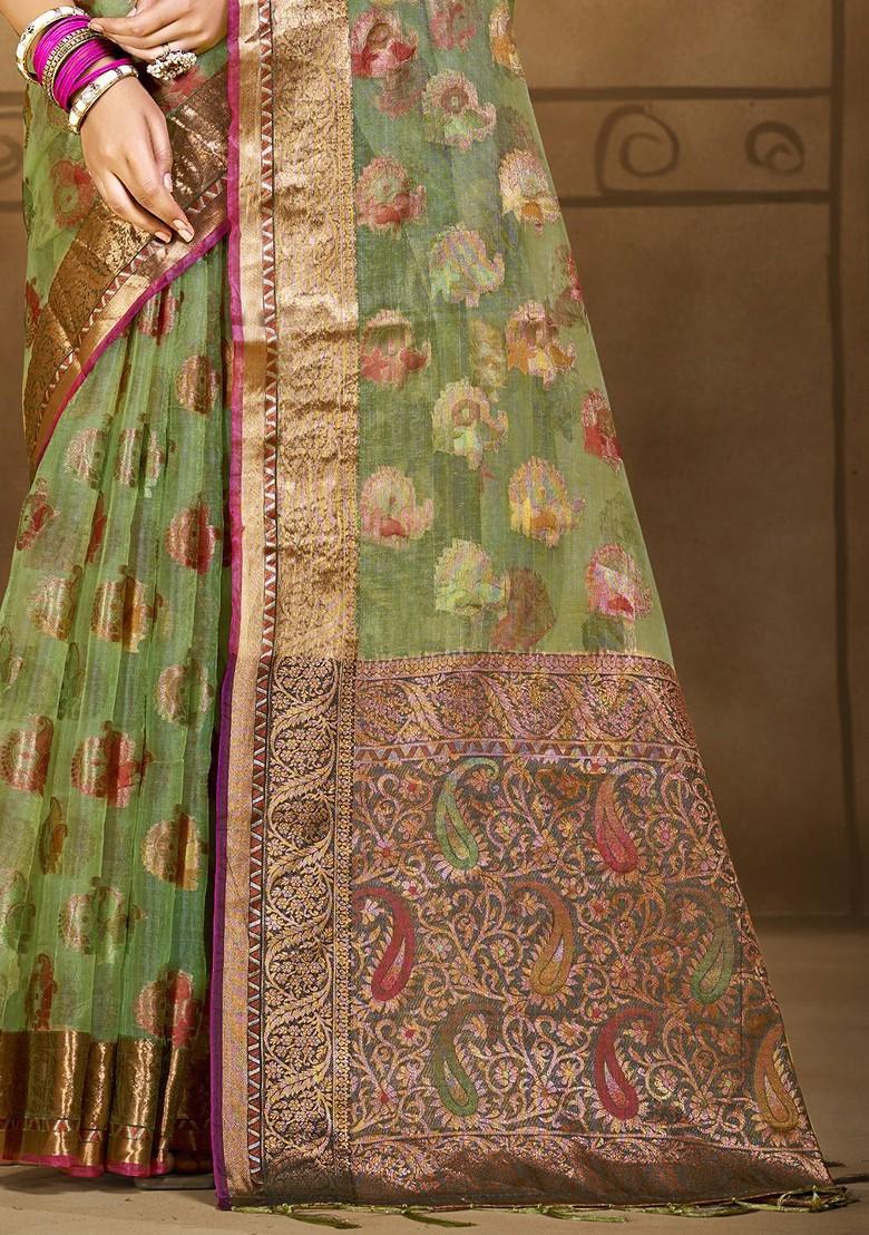 Green Printed Woven Poly Blend Saree Set