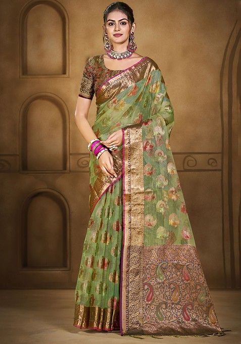 Green Printed Woven Poly Blend Saree Set