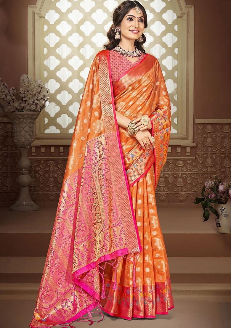 Orange Printed Woven Poly Blend Saree Set