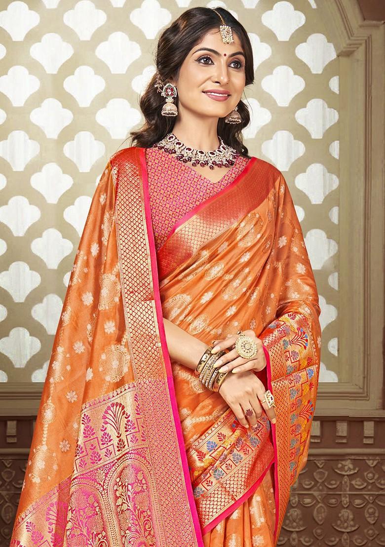 Orange Printed Woven Poly Blend Saree Set