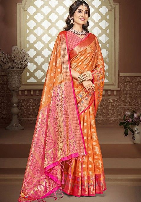 Orange Printed Woven Poly Blend Saree Set