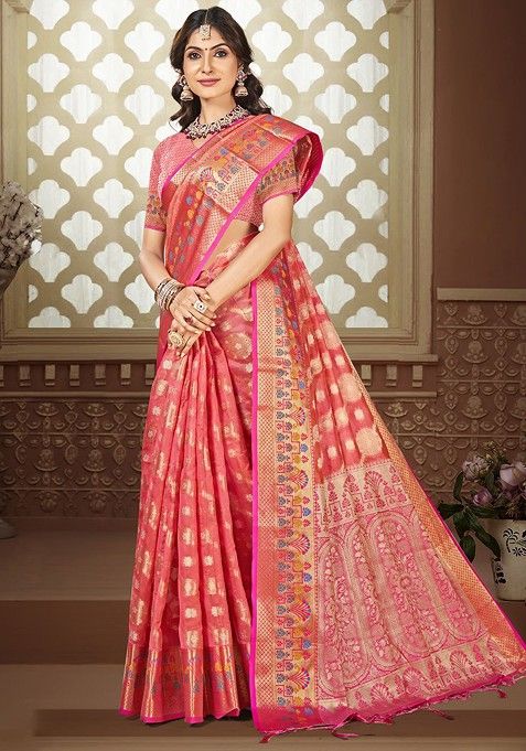 Pink Printed Woven Poly Blend Saree Set