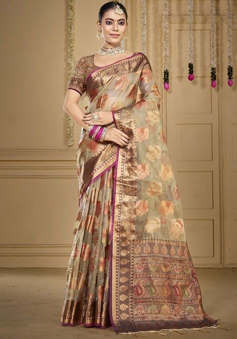 Grey Printed Woven Poly Blend Saree Set