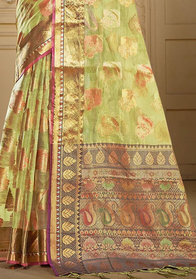 Green Printed Woven Poly Blend Saree Set