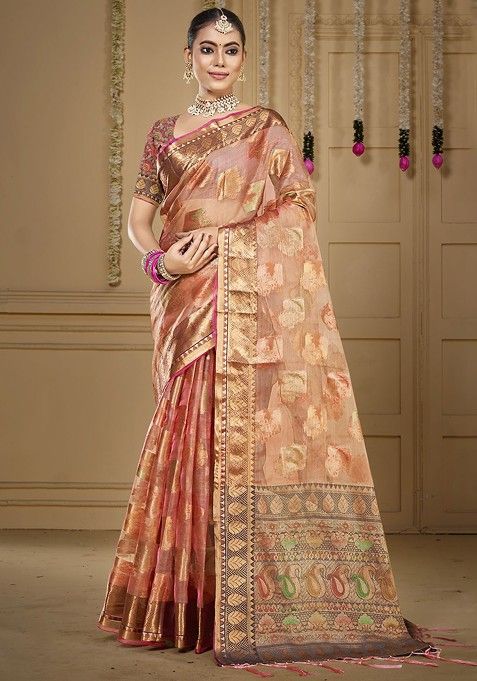 Peach Printed Woven Poly Blend Saree Set