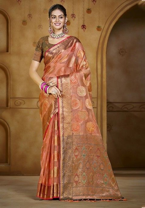 Pink Printed Woven Poly Blend Saree Set