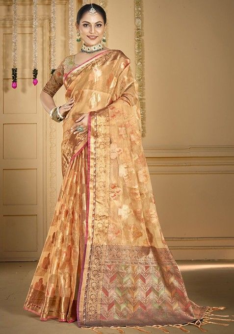 Peach Printed Woven Poly Blend Saree Set