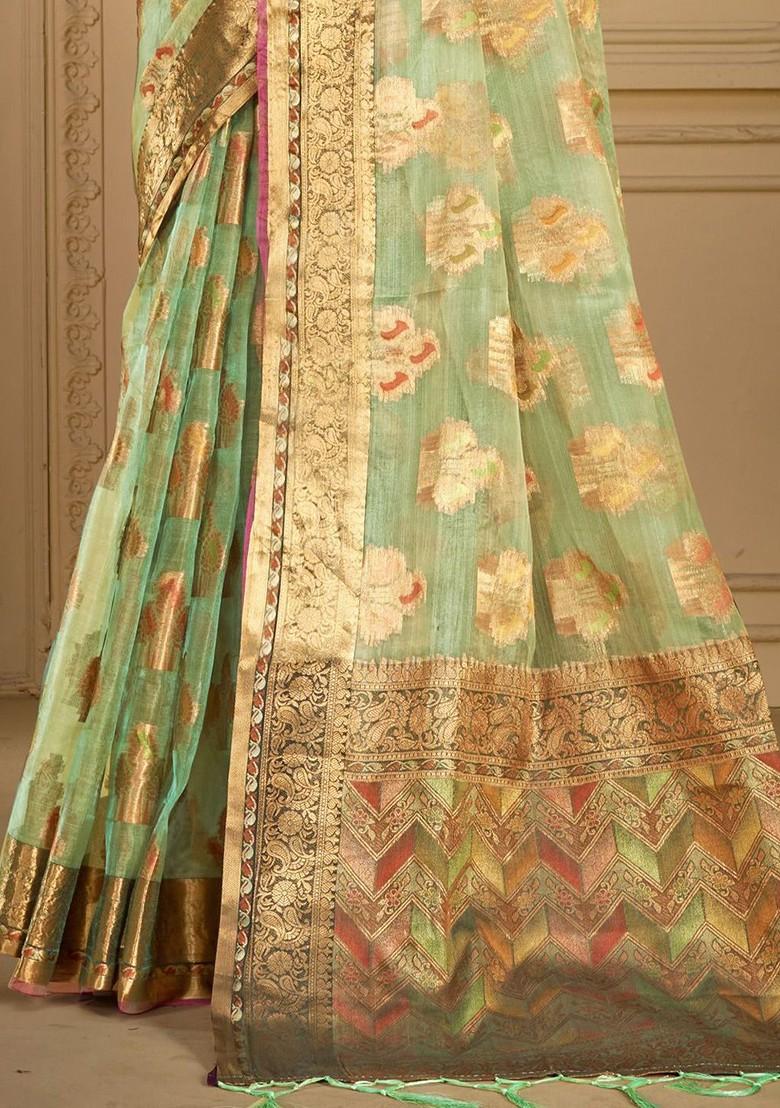 Sea Green Printed Woven Poly Blend Saree Set