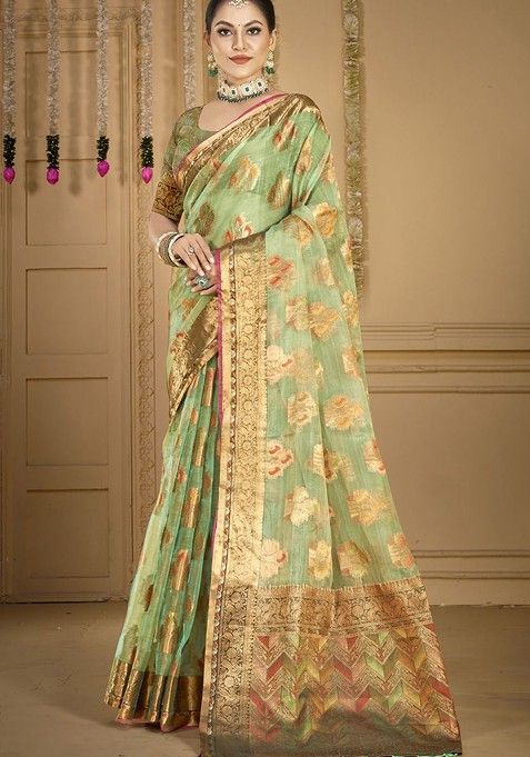 Sea Green Printed Woven Poly Blend Saree Set