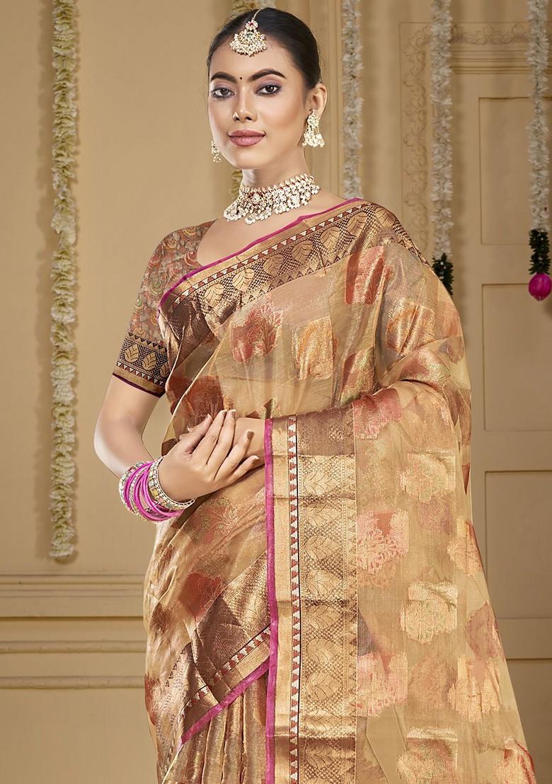Brown Printed Woven Poly Blend Saree Set