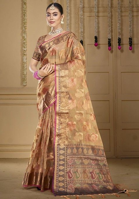 Brown Printed Woven Poly Blend Saree Set