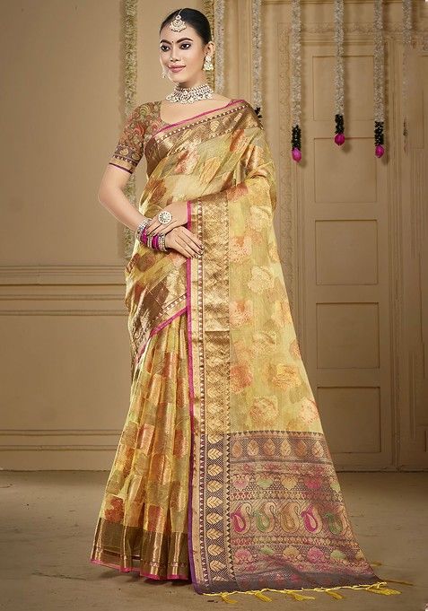 Beige Printed Woven Poly Blend Saree Set