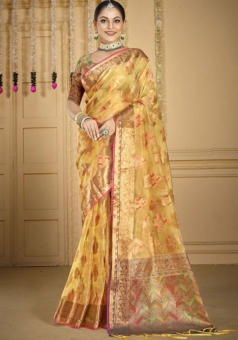 Beige Printed Woven Poly Blend Saree Set