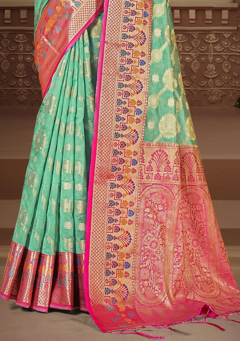 Turquoise Blue Printed Woven Poly Blend Saree Set