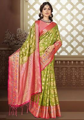 Sea Green Printed Woven Poly Blend Saree Set
