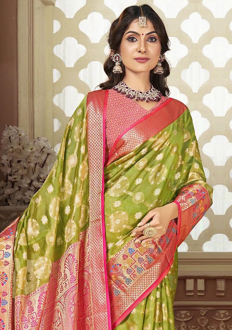 Sea Green Printed Woven Poly Blend Saree Set