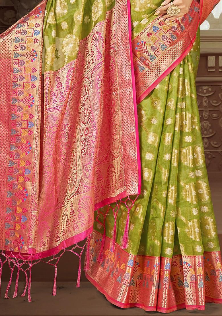 Sea Green Printed Woven Poly Blend Saree Set