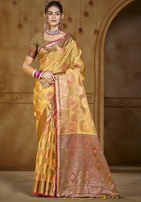 Yellow Printed Woven Poly Blend Saree Set