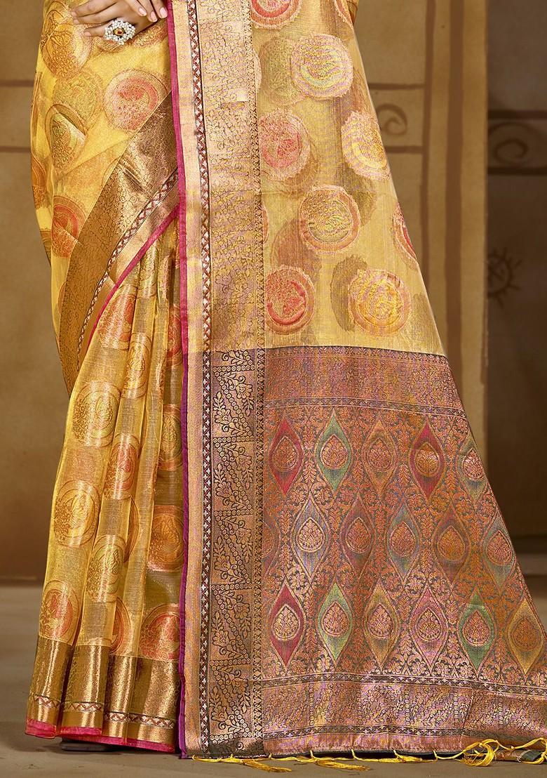 Yellow Printed Woven Poly Blend Saree Set