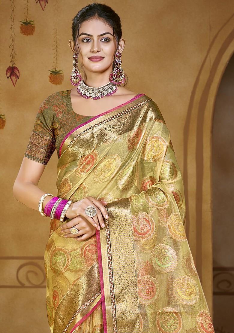 Olive Printed Woven Poly Blend Saree Set