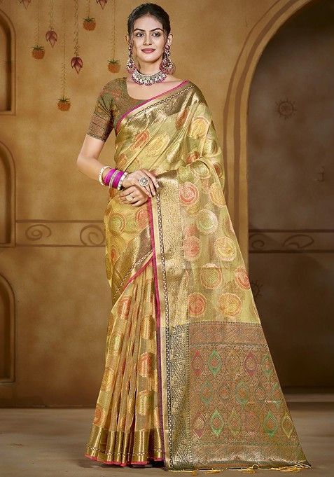 Olive Printed Woven Poly Blend Saree Set