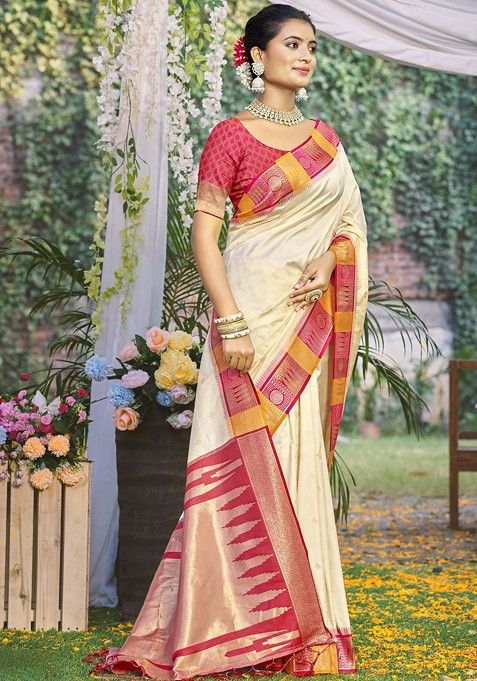 Cream Printed Woven Poly Blend Saree Set