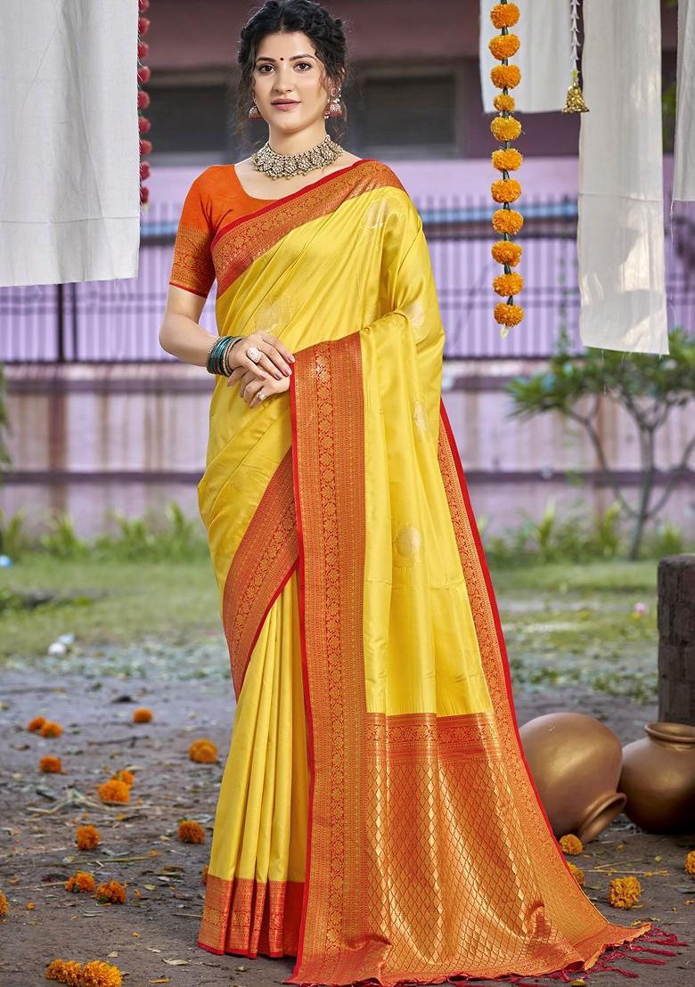Yellow Printed Woven Poly Blend Saree Set