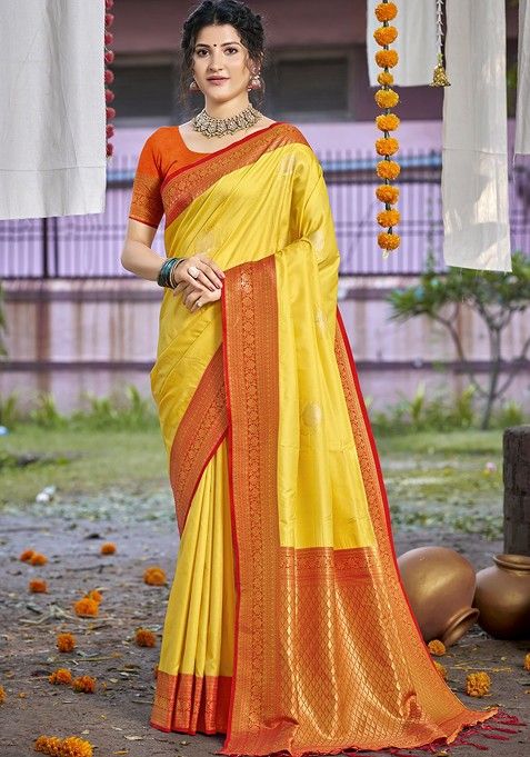 Yellow Printed Woven Poly Blend Saree Set