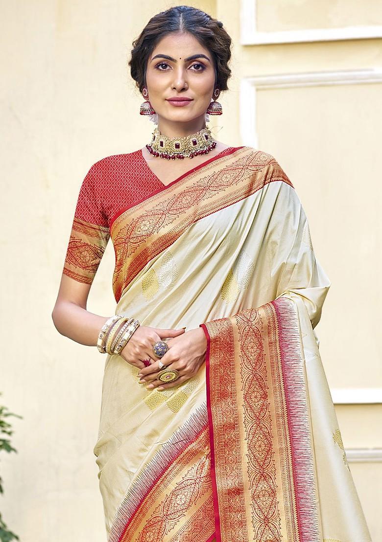 Cream Printed Woven Poly Blend Saree Set