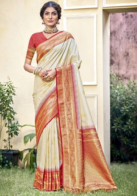 Cream Printed Woven Poly Blend Saree Set