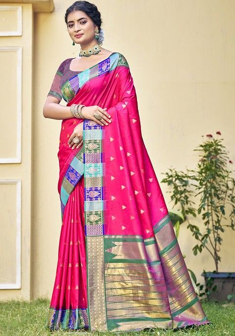 Pink Ethnic Motifs Woven Poly Blend Saree Set