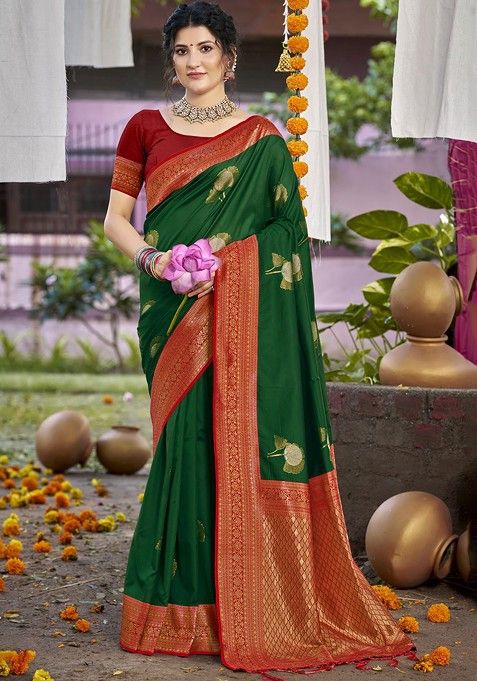 Green Ethnic Motifs Woven Poly Blend Saree Set