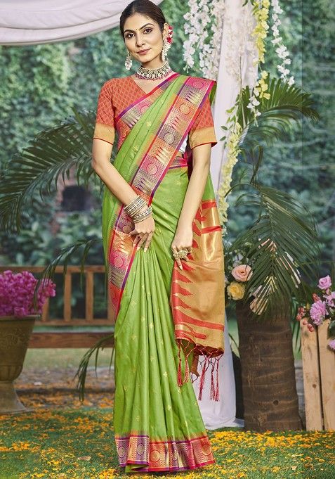 Lime Green Printed Woven Poly Blend Saree Set