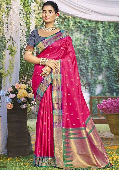 Pink Ethnic Motifs Woven Poly Blend Saree Set