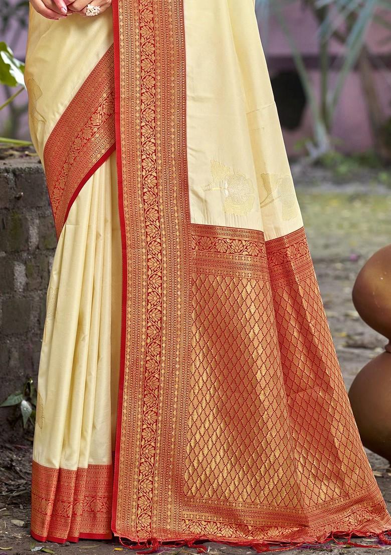 Cream Printed Woven Poly Blend Saree Set