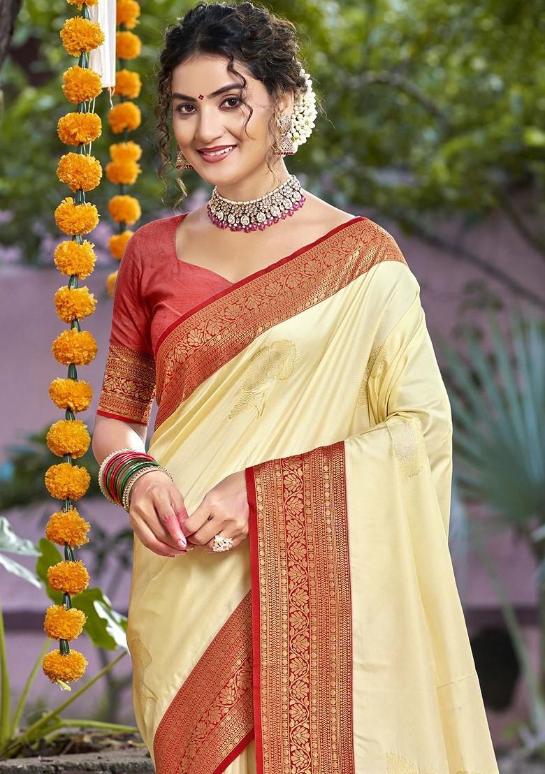 Cream Printed Woven Poly Blend Saree Set