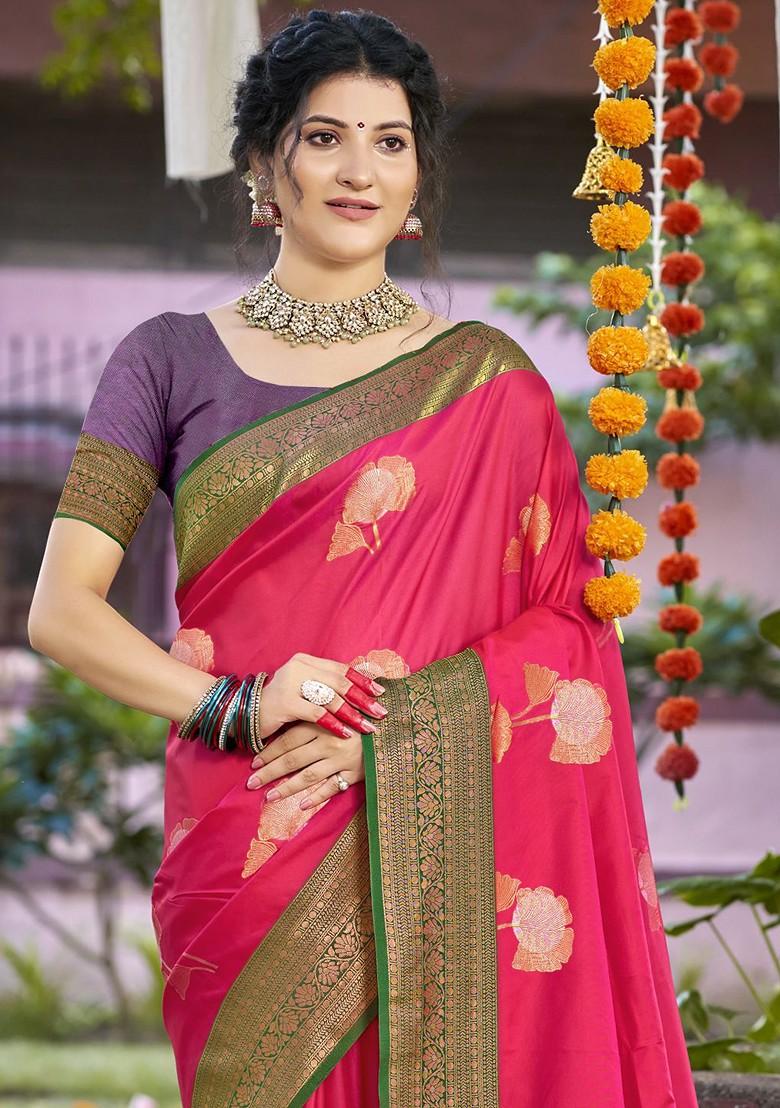 Pink Printed Woven Poly Blend Saree Set