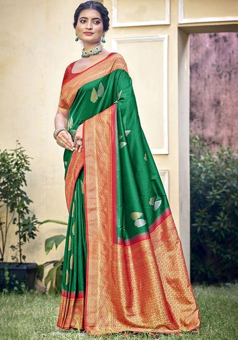 Green Ethnic Motifs Woven Poly Blend Saree Set