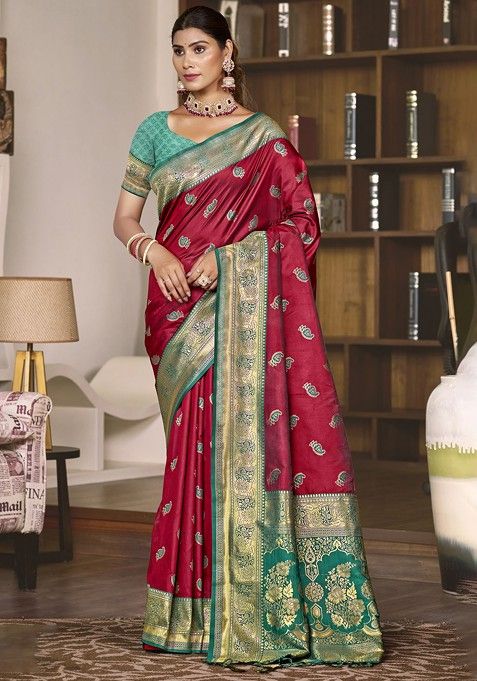 Magenta Ethnic Motifs Woven Poly Blend Saree Set