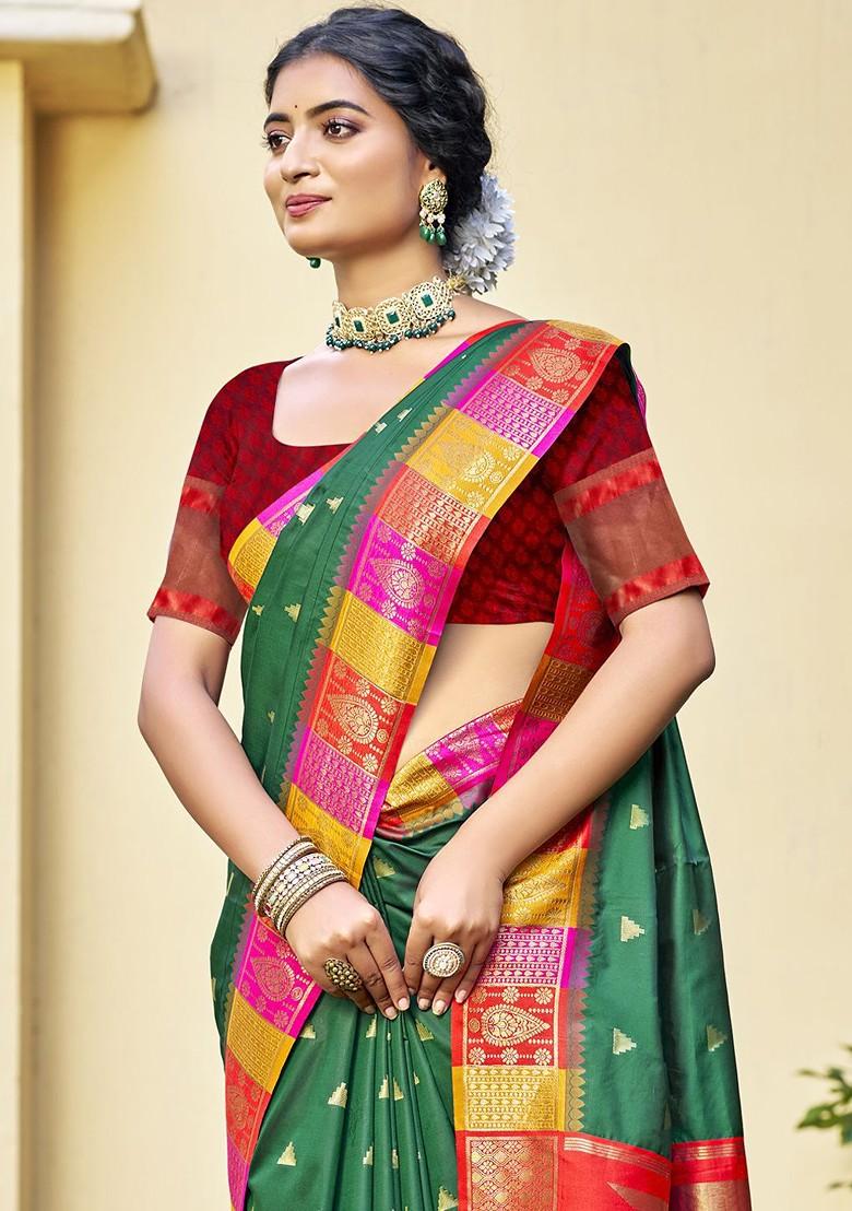 Green Printed Woven Poly Blend Saree Set