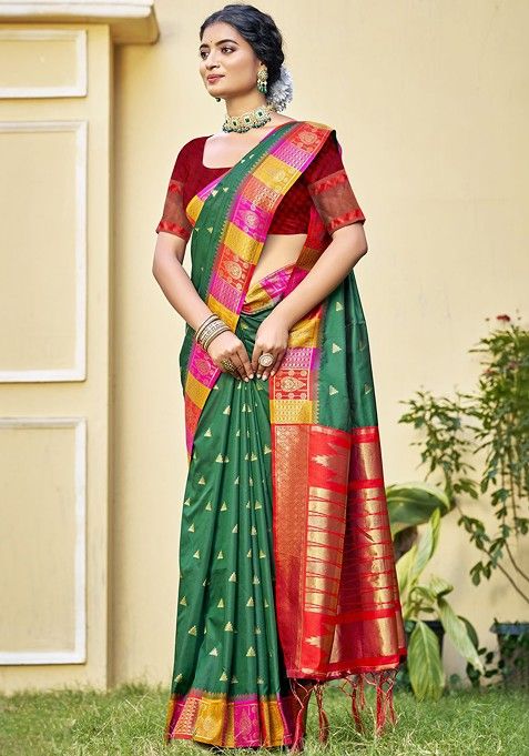 Green Printed Woven Poly Blend Saree Set