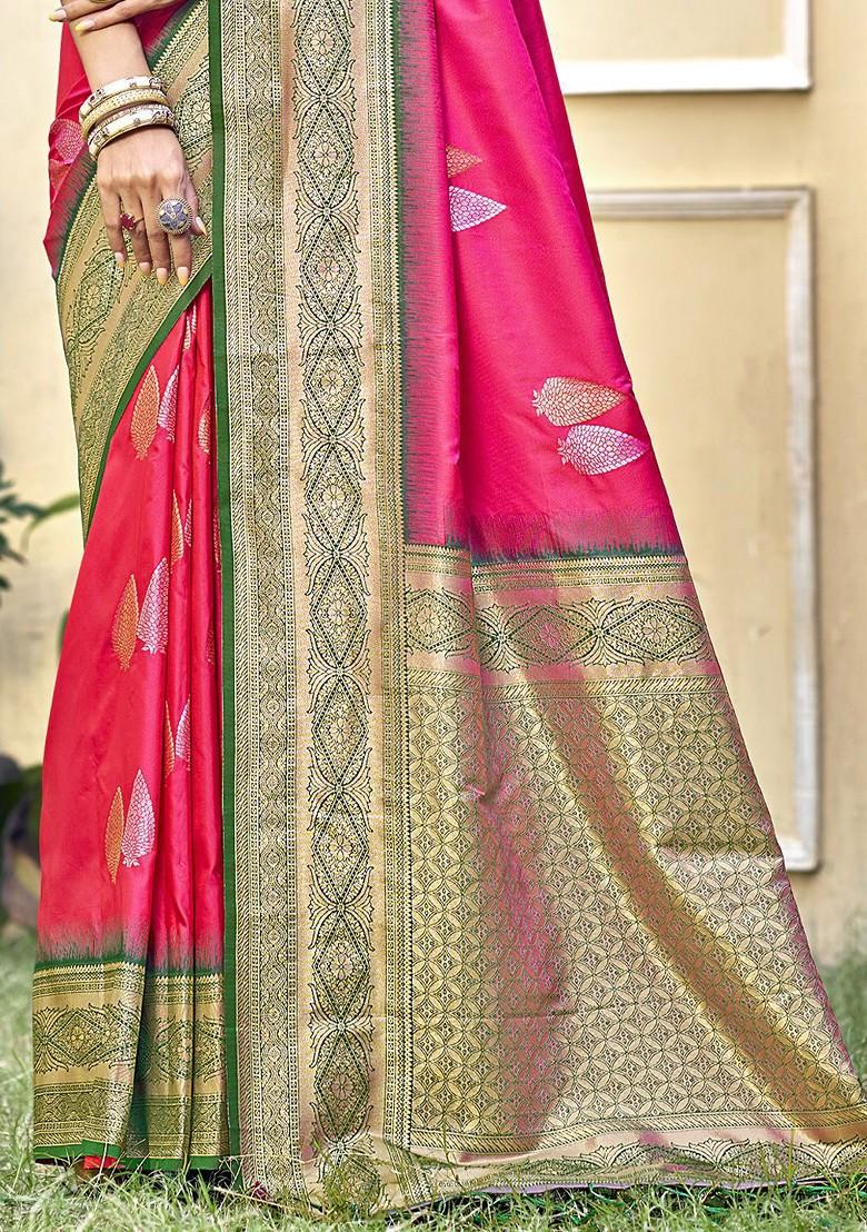 Pink Printed Woven Poly Blend Saree Set