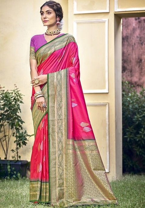 Pink Printed Woven Poly Blend Saree Set