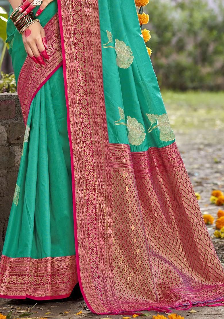 Teal Printed Woven Poly Blend Saree Set