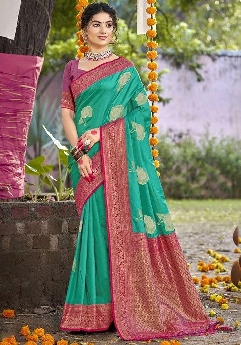 Teal Printed Woven Poly Blend Saree Set