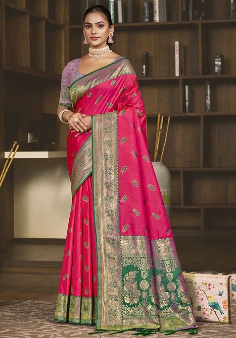 Pink Ethnic Motifs Woven Poly Blend Saree Set