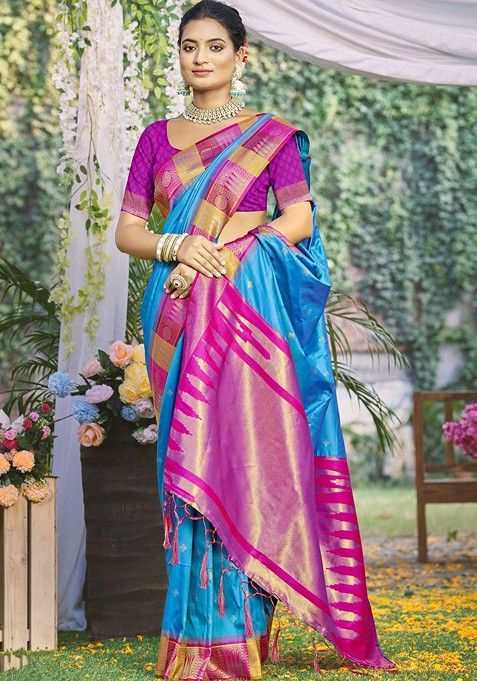 Blue Ethnic Motifs Woven Poly Blend Saree Set