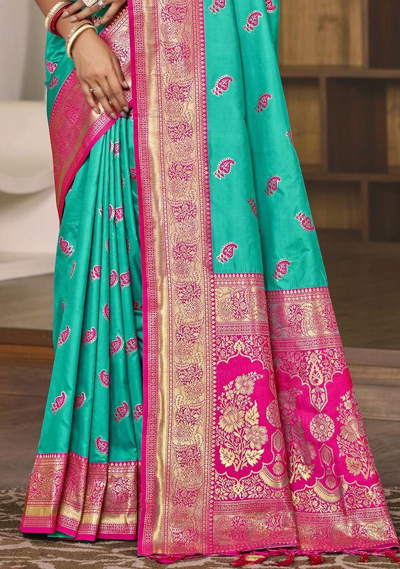 Teal Printed Woven Poly Blend Saree Set