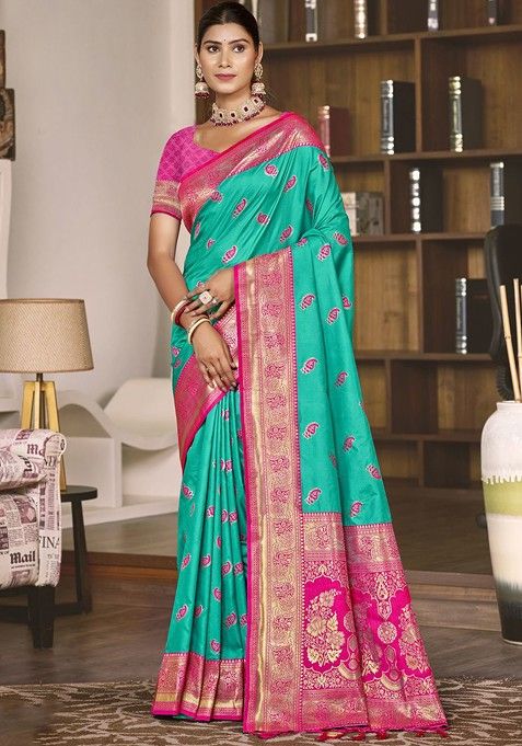 Teal Printed Woven Poly Blend Saree Set