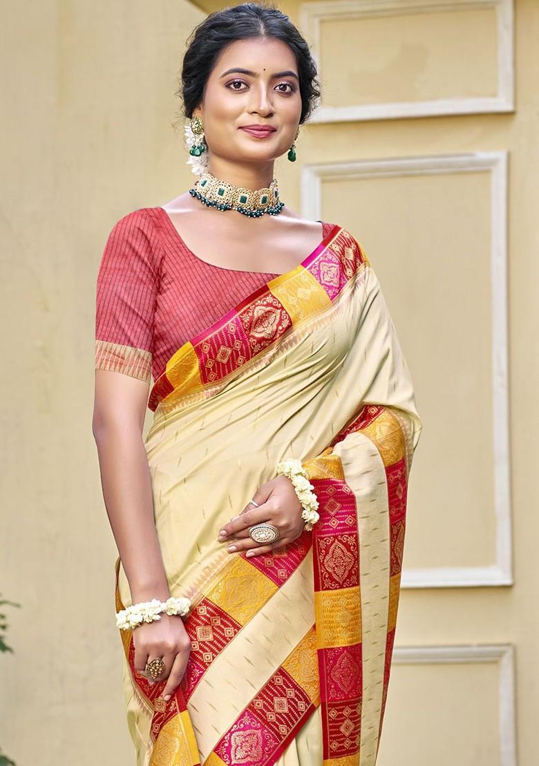 Cream Printed Woven Poly Blend Saree Set